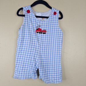 Smocking dog boutique gingham romper with yarn train size 18m